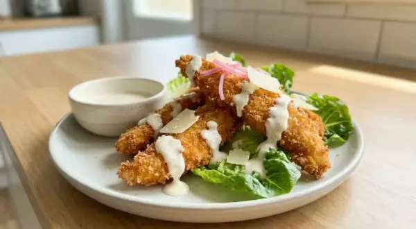 Krispiga bitar av panerad kyckling serveras på en bädd av sallad med parmesan och en krämig dressing. En liten skål med dressing står bredvid.