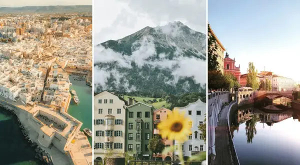 En weekendresa i Europa: en solig kuststad, en bergsby i molnen och en stad vid en flod.