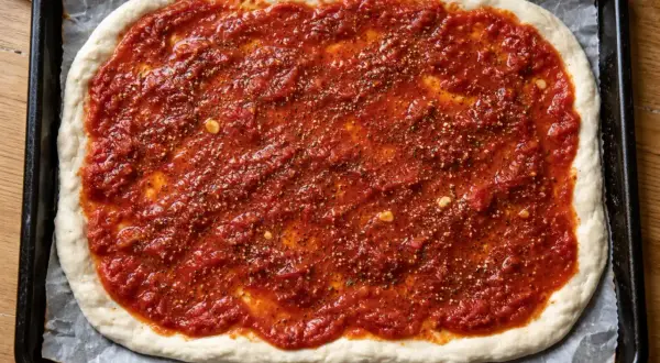 En rektangulär pizzabotten täckt med en generös mängd kryddig tomatsås och strödda kryddor, redo för ugnen.