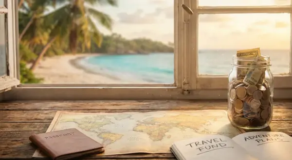 En spargris fylld med pengar, en världskarta, pass och en anteckningsbok med "Travel Fund" visar drömmen om vad kostar en jorden runt resa.