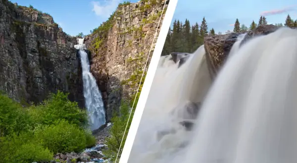 Två vackra vattenfall i Sverige. Ett högt, smalt fall nerför en klippvägg och ett bredare, kraftfullt fall över stenar.