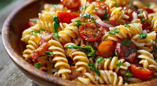 En härlig pastasallad med körsbärstomater, rödlök och örter. Ett perfekt pastasallad recept för sommaren.