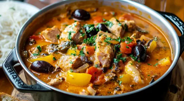 En mustig kreolsk gryta med möra köttbitar, oliver, paprika och tomater i en smakrik sås. Serveras med ris och bröd.