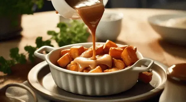 Brunsås recept: Krämig sås hälls över gyllene potatisbitar i en vit skål. En härlig syn som får det att vattnas i munnen.