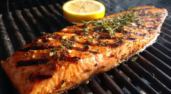 En saftig laxfilé med örter och citron grillas till perfektion. Doften av grillad lax sprider sig i sommarkvällen.