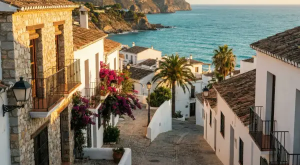 En charmig gränd med vita hus och bougainvillea leder ner mot det turkosblå havet. En idyllisk vy av Spanien på vintern.