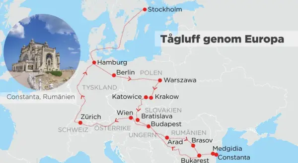 Karta som visar en rutt för att tågluffa genom Europa, med stopp i Stockholm, Hamburg, Berlin, Warszawa, Wien, Budapest, Bukarest och Constanta.
