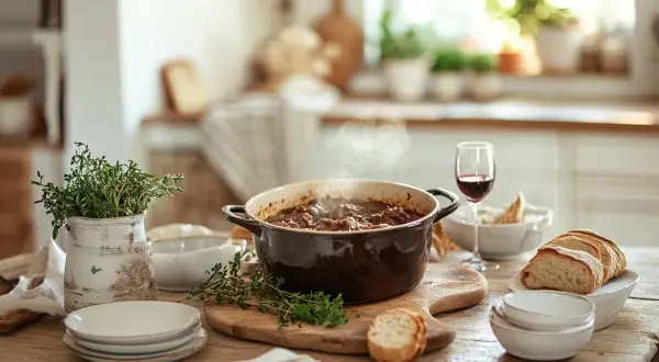 En ångande gryta med kött och grönsaker, redo att serveras med bröd och vin. Ett perfekt gryta recept för en mysig middag.