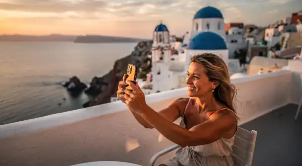 En kvinna tar en selfie med sin telefon på en balkong med utsikt över Santorini. Solnedgången färgar himlen och havet gyllene, perfekt för att dokumentera sitt **båtluffa Grekland** äventyr.