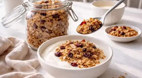 En sked med hemgjord egen granola toppar en skål med yoghurt. En burk med samma granola står bredvid.