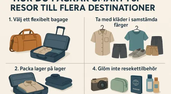 Tips för att packa smart handbagage: välj flexibelt bagage, samordna färger, packa lager på lager och glöm inte resekettillbehör som pass och toalettartiklar.