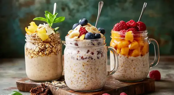 Tre burkar med overnight oats, en enkel nyttig frukost. Toppade med bär, frukt och granola.