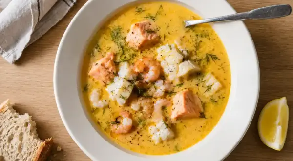 En krämig fisksoppa med lax, torsk och räkor, perfekt för ett mysigt fisksoppa recept. Serveras med bröd och citron.