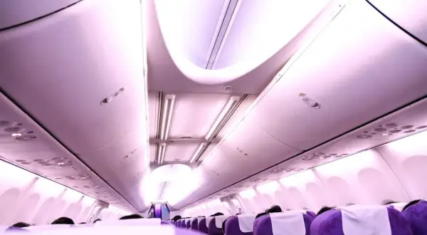 Rad av lila ving flygplan sittplatser med vita nackstöd, belysta av taklampor.