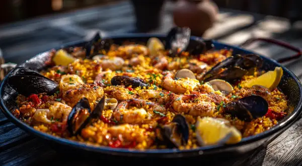 En stor paella med räkor, musslor och citronklyftor. Ett perfekt paella recept för en solig dag.