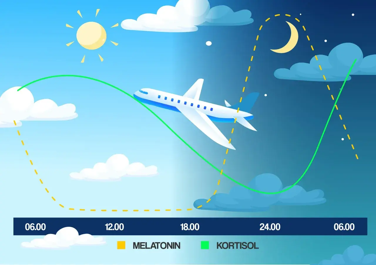 Flygplan korsar tidszoner, vilket illustrerar jetlag från USA till Sverige. Sol och måne visar dag/natt-cykeln.