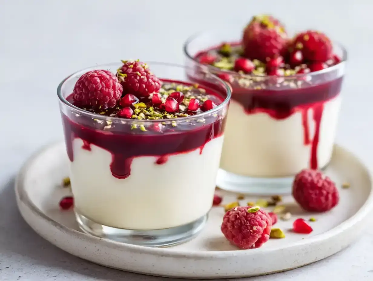 Två glas med krämig panna cotta, toppad med hallon, granatäppelkärnor och pistagenötter. En härlig dessert!
