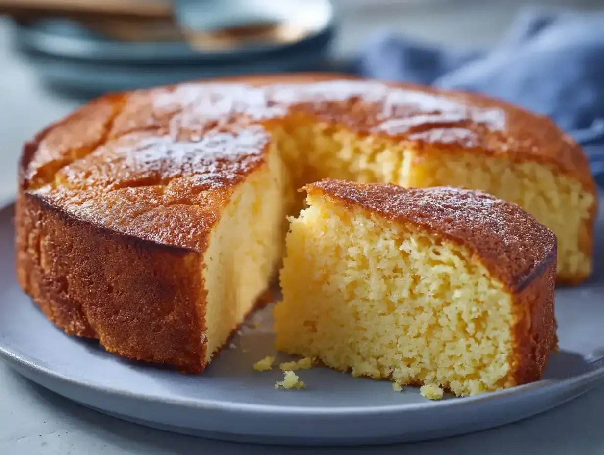 En saftig glutenfri sockerkaka med ett puder av florsocker, redo att avnjutas.