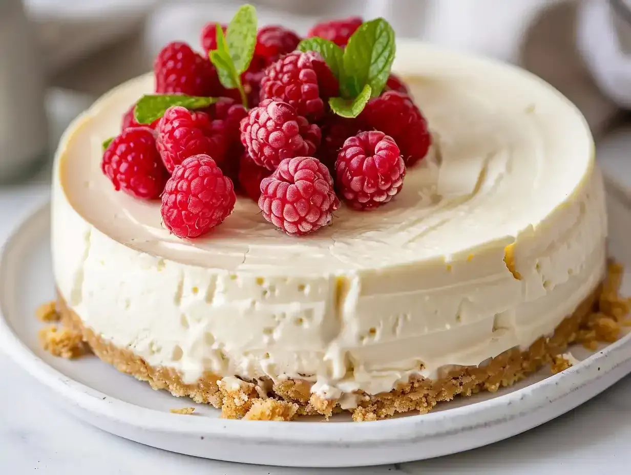 En krämig, fryst cheesecake toppad med färska hallon och myntablad. Perfekt för en sommarfest!