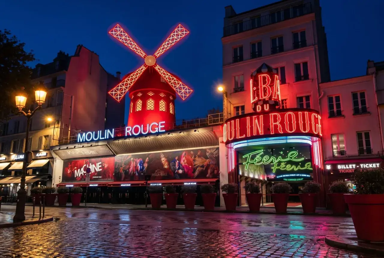 Moulin Rouge, en ikonisk nattklubb i Paris, lyser upp natten med sina neonskyltar och röda väderkvarn.