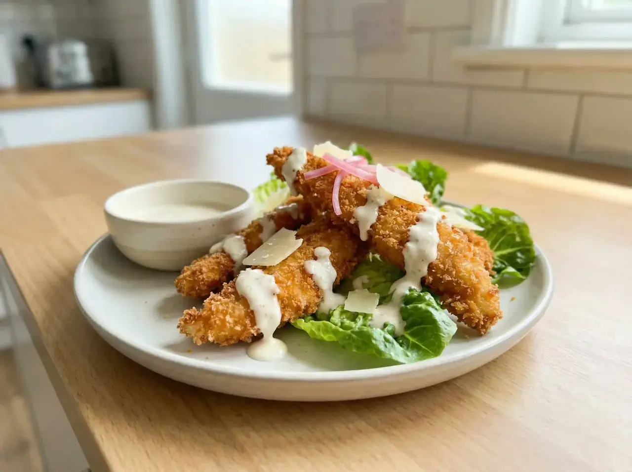 Krispiga bitar av panerad kyckling serveras på en bädd av sallad med parmesan och en krämig dressing. En liten skål med dressing står bredvid.