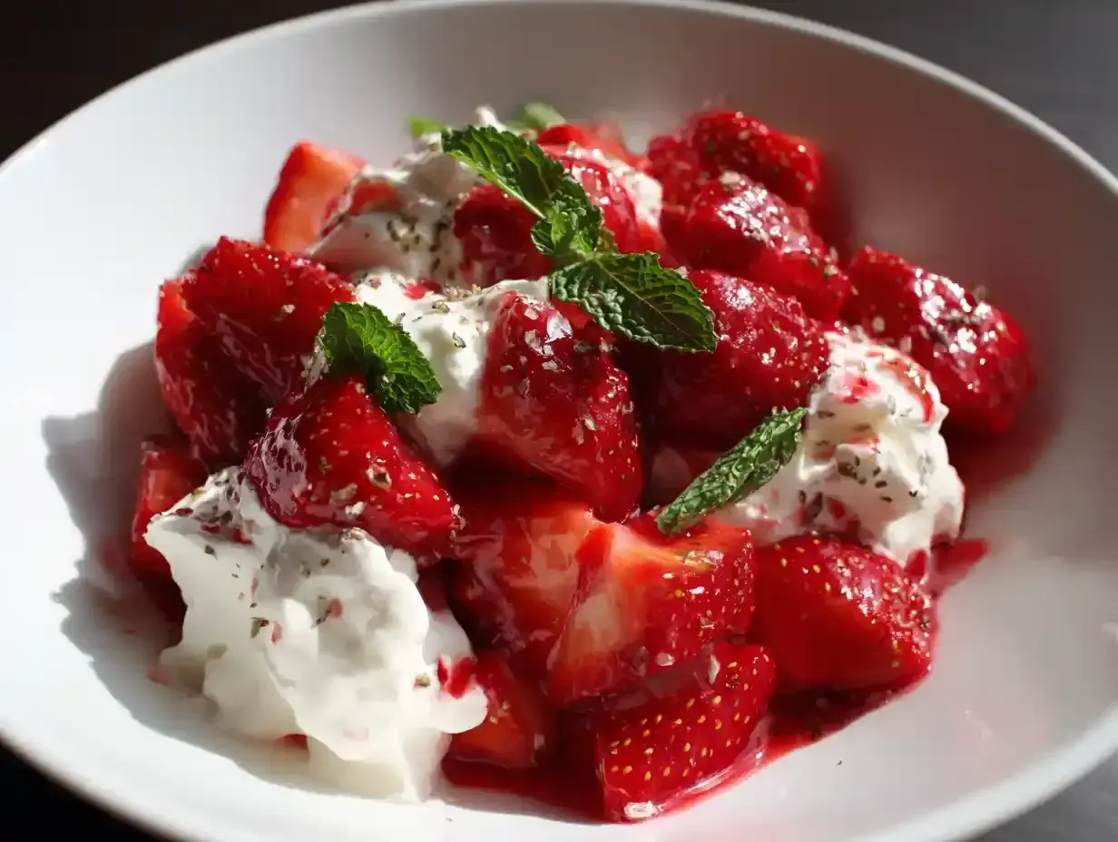 En härlig Eton Mess med färska jordgubbar, vispad grädde och mynta. Perfekt sommarfika!