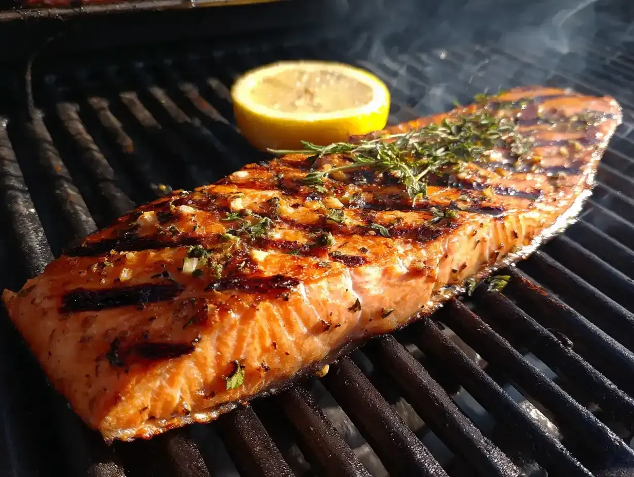 En saftig laxfilé med örter och citron grillas till perfektion. Doften av grillad lax sprider sig i sommarkvällen.