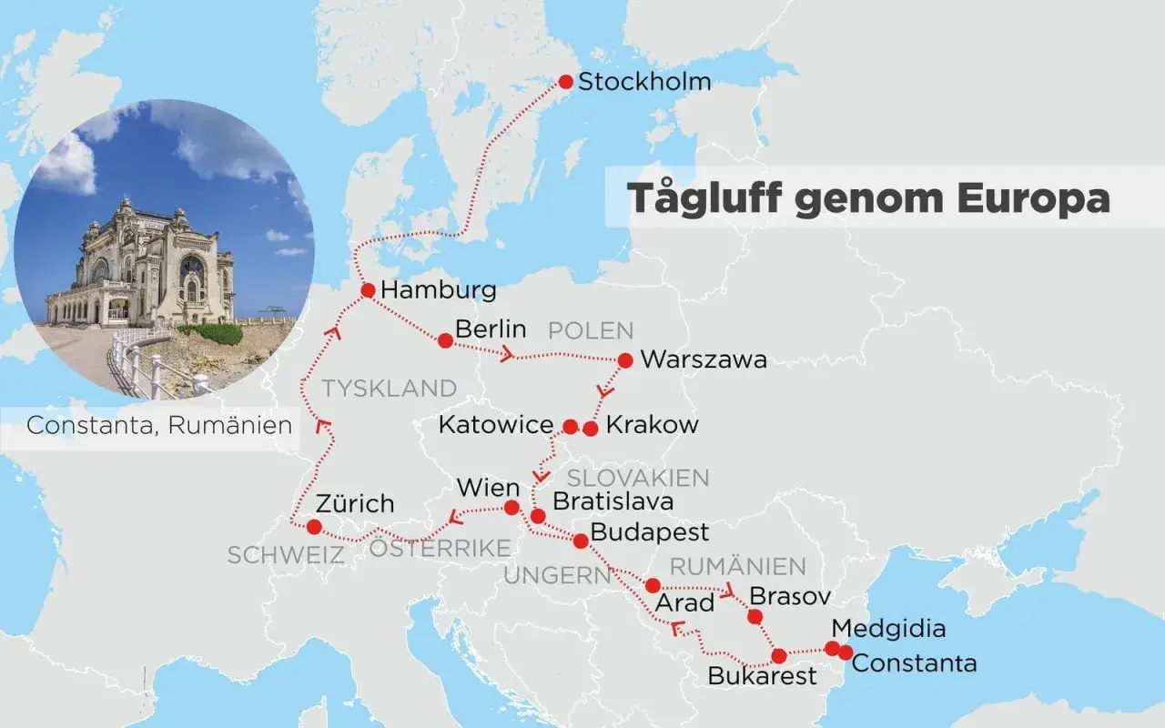 Karta som visar en rutt för att tågluffa genom Europa, med stopp i Stockholm, Hamburg, Berlin, Warszawa, Wien, Budapest, Bukarest och Constanta.