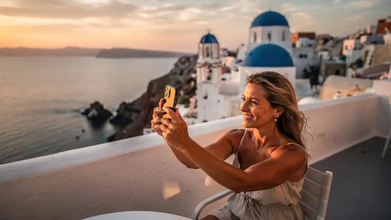 En kvinna tar en selfie med sin telefon på en balkong med utsikt över Santorini. Solnedgången färgar himlen och havet gyllene, perfekt för att dokumentera sitt **båtluffa Grekland** äventyr.