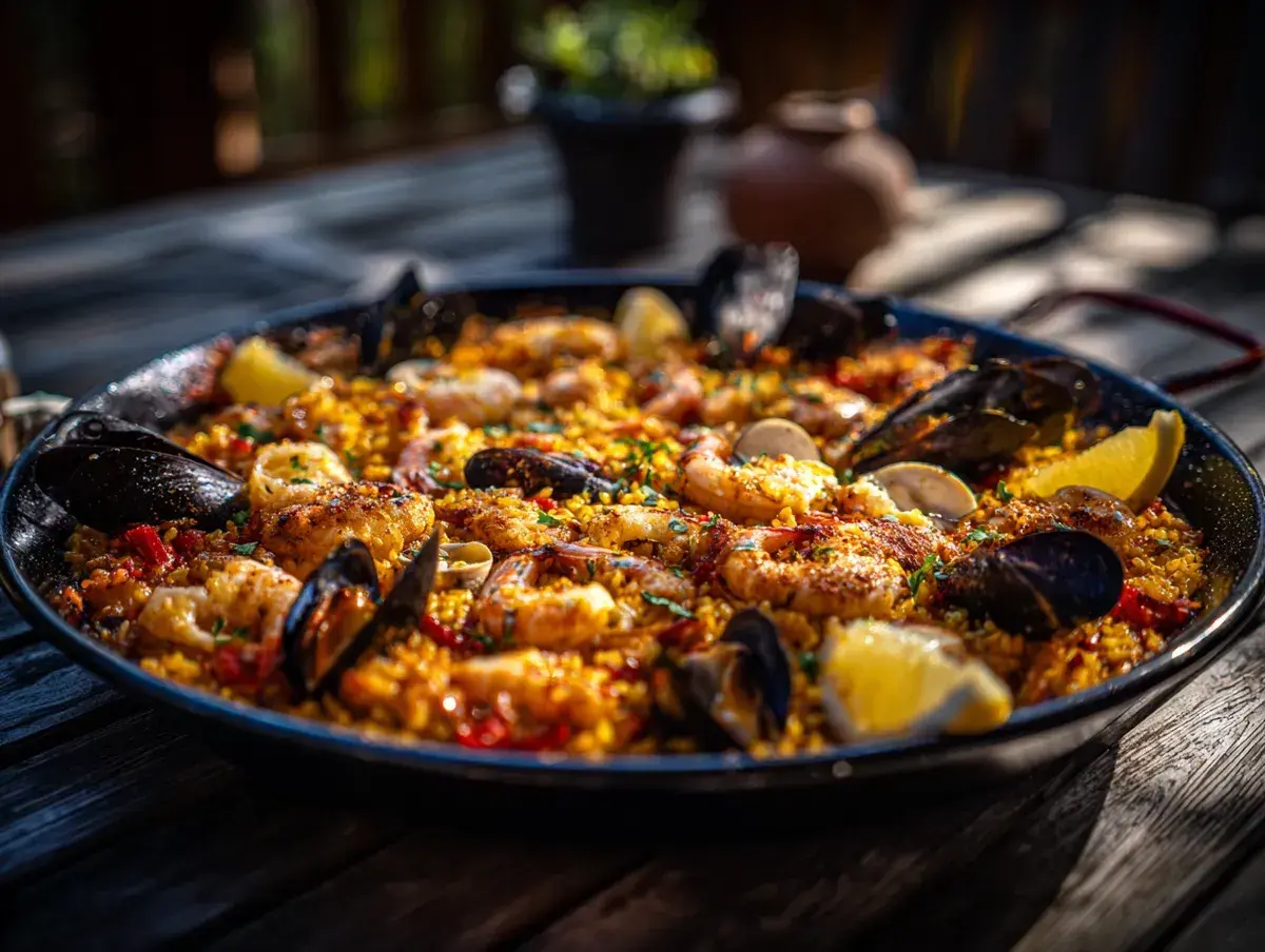 En stor paella med räkor, musslor och citronklyftor. Ett perfekt paella recept för en solig dag.