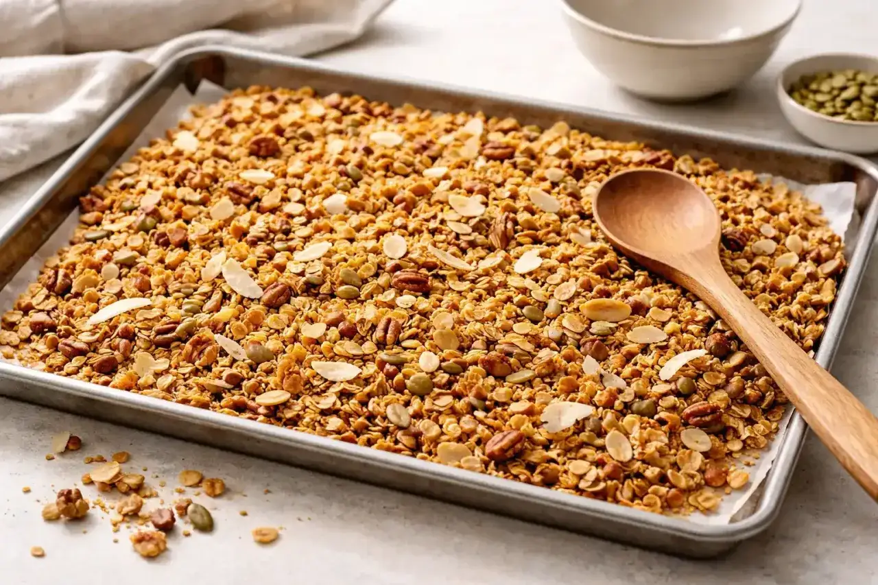 Nybakad egen granola p&aring; pl&aring;t med n&ouml;tter, fr&ouml;n och mandel. En tr&auml;sked ligger redo att servera.