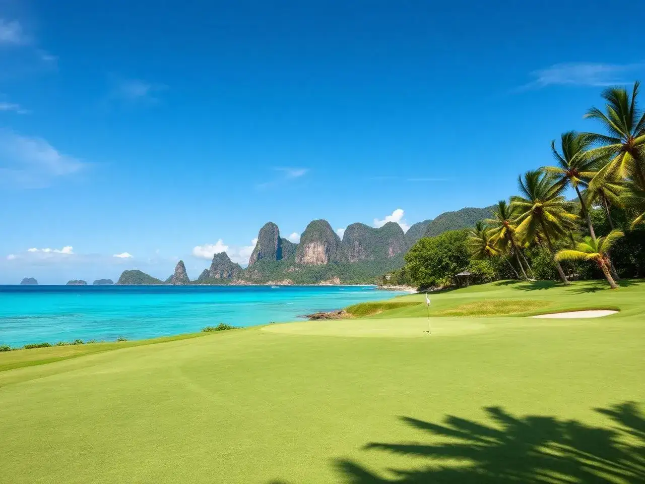 Gr&ouml;n golfbana med turkost hav, palmer och dramatiska klippor i bakgrunden. En dr&ouml;m f&ouml;r golf i Thailand.