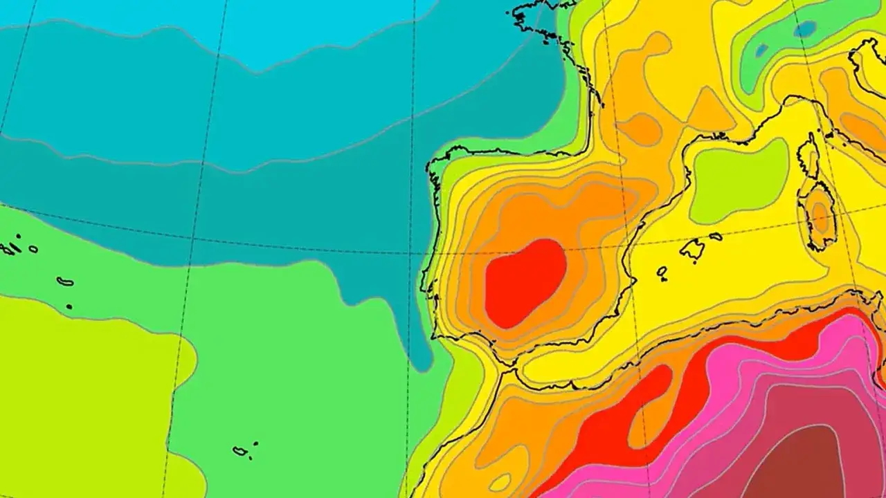 V&auml;rmekarta &ouml;ver Europa. Spanien visar varmast i Spanien med r&ouml;da och orangea f&auml;rger, medan Atlanten &auml;r bl&aring; och gr&ouml;n.