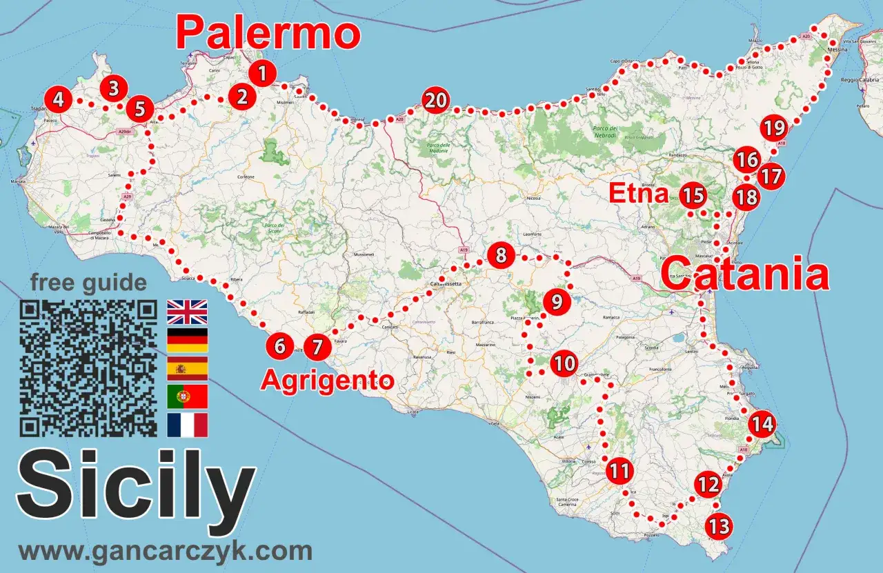 Siciliens storlek visas p&aring; kartan med markerade st&auml;der som Palermo, Catania och Agrigento. En rutt visar hur man kan utforska &ouml;n.