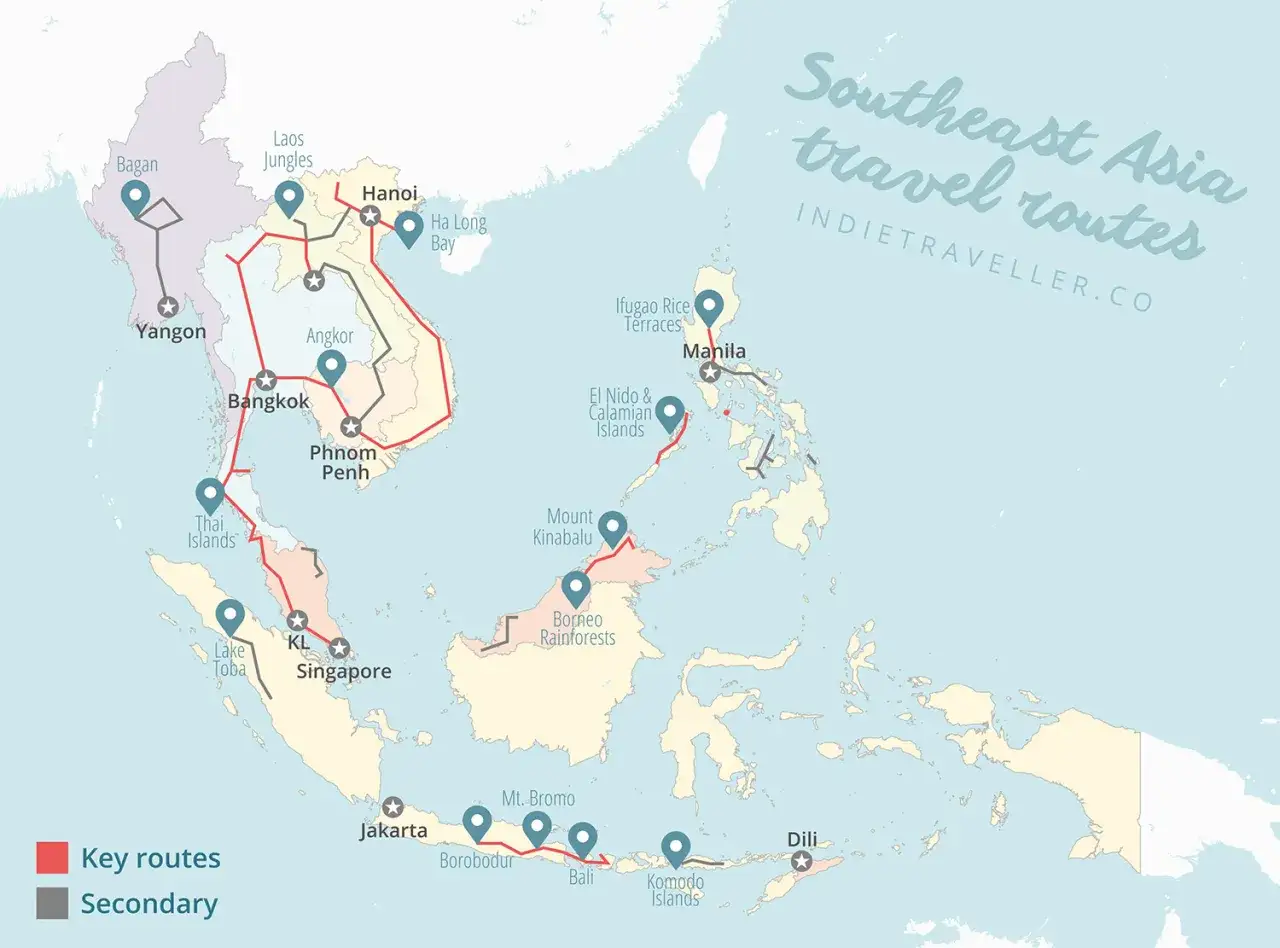Karta &ouml;ver Sydostasien med resrutter. Perfekt f&ouml;r att planera din backpacka Asien budgetresa fr&aring;n Bangkok till Manila.