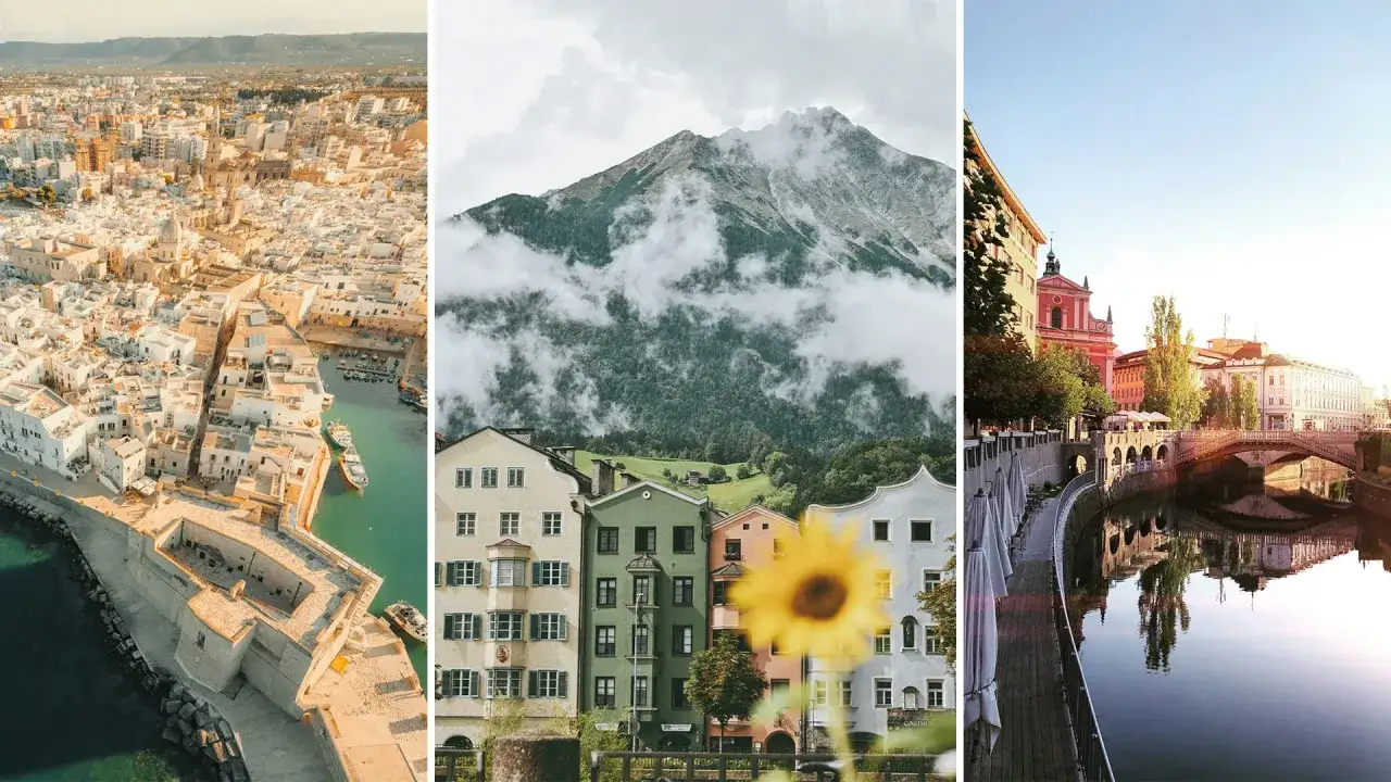 En weekendresa i Europa: en italiensk kuststad, alpina hus med berg i molnen, och en vacker flodpromenad i en europeisk stad.