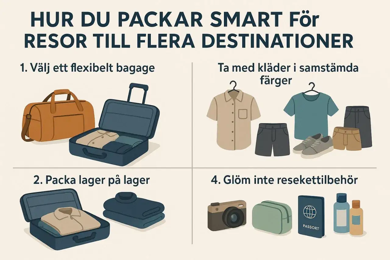 Tips f&ouml;r att packa smart handbagage: v&auml;lj flexibelt bagage, samst&auml;mda f&auml;rger, packa lager p&aring; lager och gl&ouml;m inte resekettillbeh&ouml;r som pass.