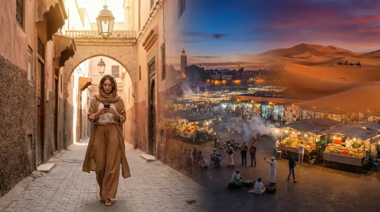En kvinna g&aring;r genom en gr&auml;nd i Marrakech, med en livlig marknad och &ouml;kenlandskap i bakgrunden. En resa till Marrakech kan vara farlig, men ocks&aring; full av &auml;ventyr.