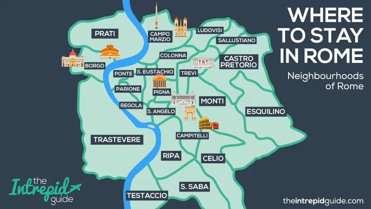 Karta visar olika kvarter i Rom, med sev&auml;rdheter som Colosseum och Pantheon. Perfekt f&ouml;r att planera din vistelse i Rom.