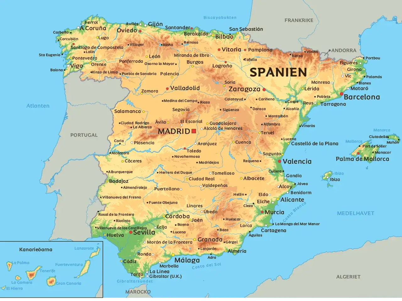 Spanien: karta med st&auml;der och topografi. En bra &ouml;verblick f&ouml;r att f&ouml;rst&aring; Spaniens spanien temperatur &aring;ret runt.