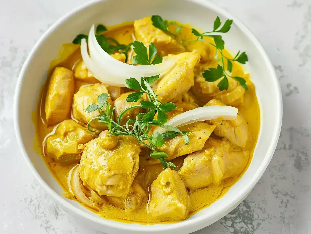 Kyckling i kr&auml;mig currys&aring;s, perfekt f&ouml;r ett snabbt och gott currys&aring;s recept. Garnerad med l&ouml;k och persilja.