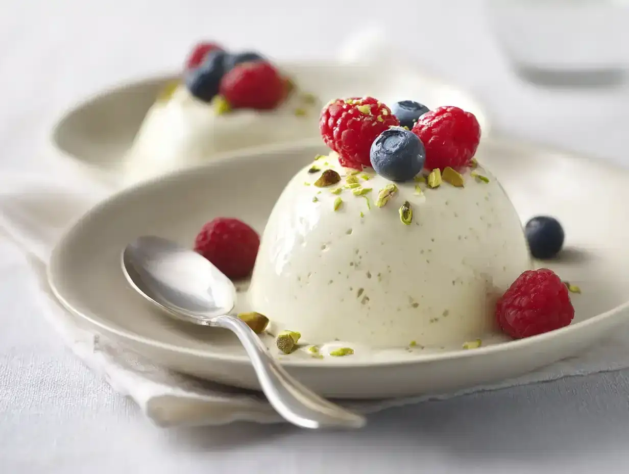 Två krämiga panna cotta-desserter toppade med hallon, blåbär och pistagenötter. En sked ligger på tallriken.