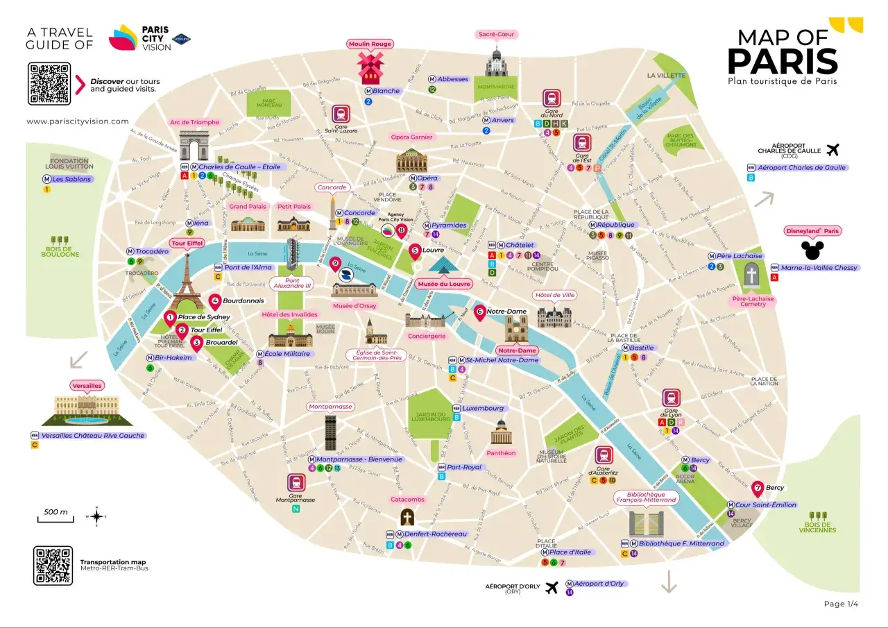 Karta &ouml;ver Paris med sev&auml;rdheter och transport. Perfekt f&ouml;r en resa p&aring; 2 dagar i Paris.