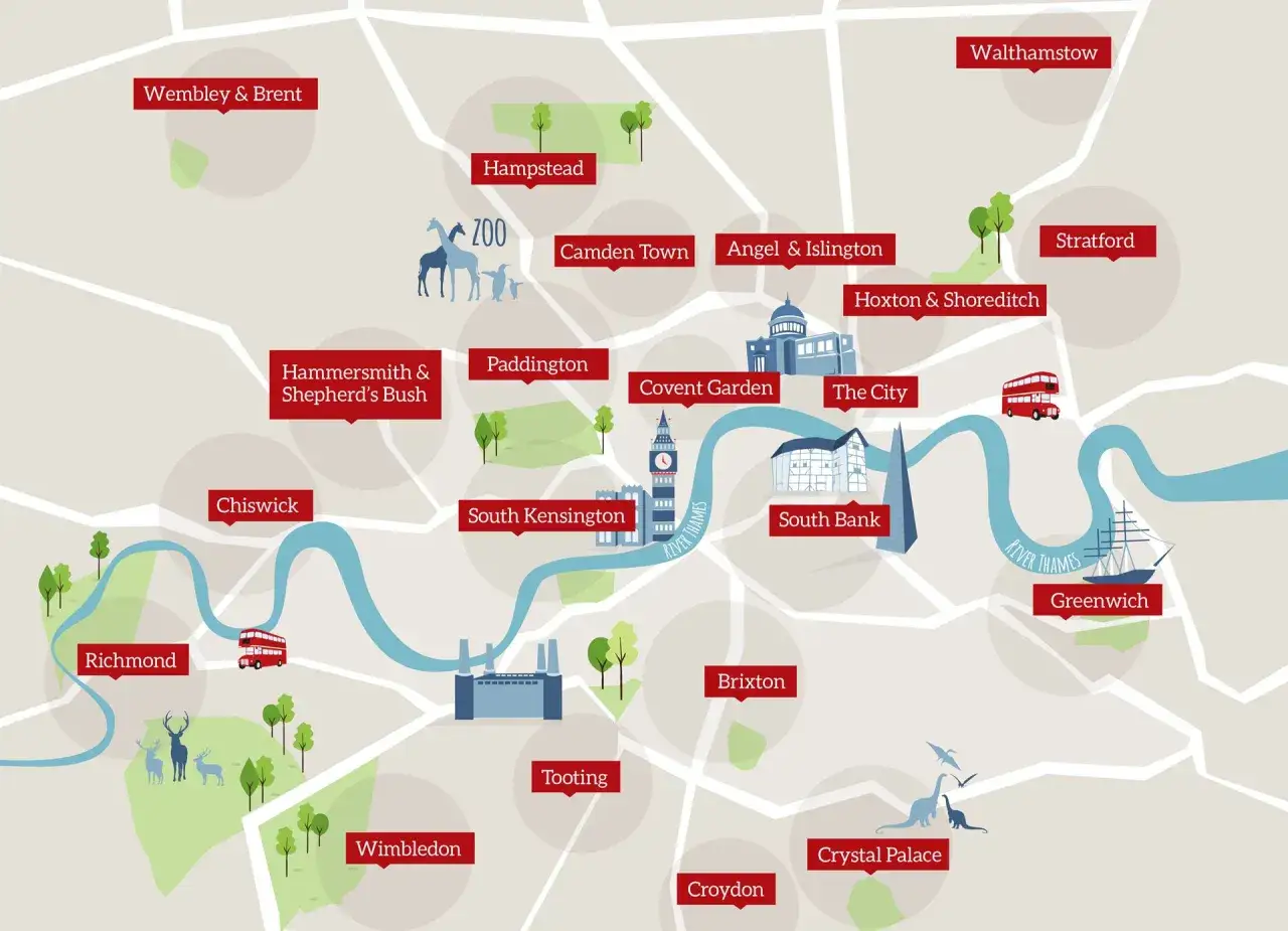 Karta visar olika london stadsdelar med ikoniska landm&auml;rken som Big Ben och en dubbeld&auml;ckare.