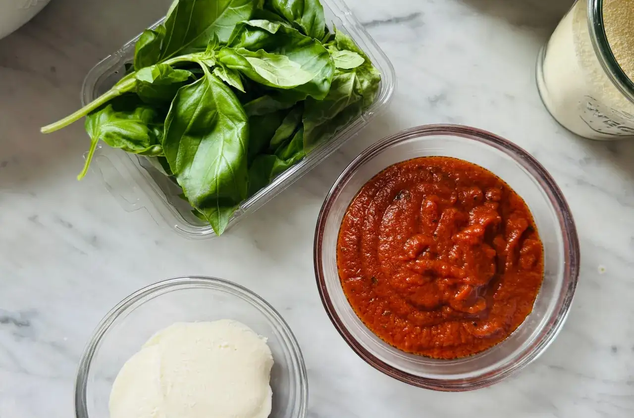 F&auml;rska ingredienser f&ouml;r en klassisk pizza: tomats&aring;s, mozzarella och basilika.