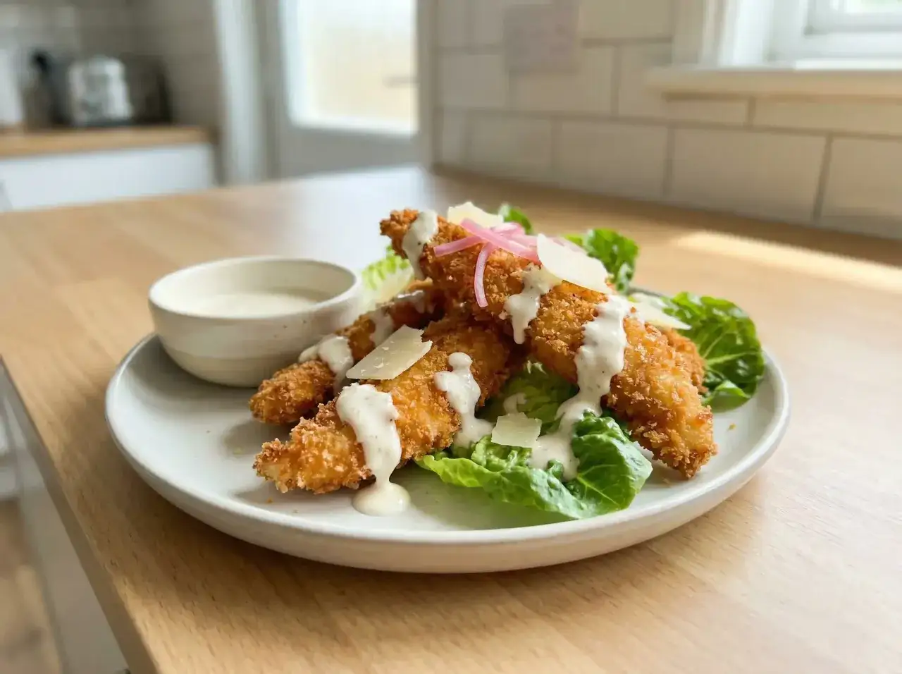 Krispig panerad kyckling serverad med sallad, parmesan och en kr&auml;mig dressing. En h&auml;rlig r&auml;tt som passar perfekt till lunch eller middag.
