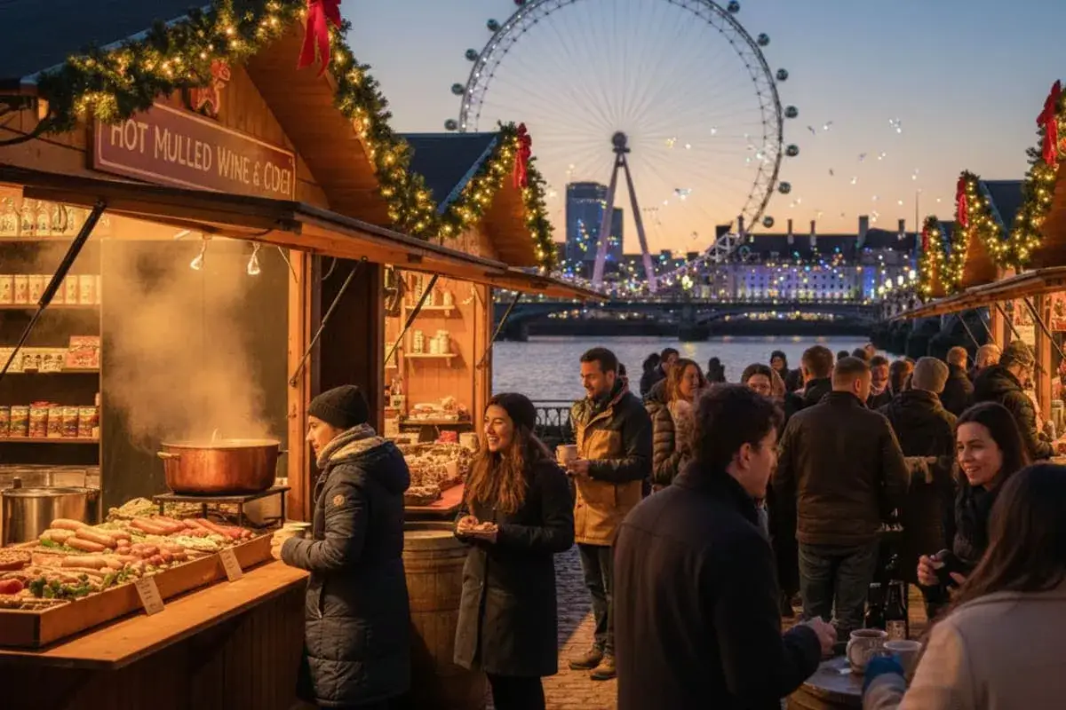 M&auml;nniskor njuter av en mysig london julmarknad vid floden. En bod s&auml;ljer varm gl&ouml;gg och cider, med London Eye i bakgrunden.