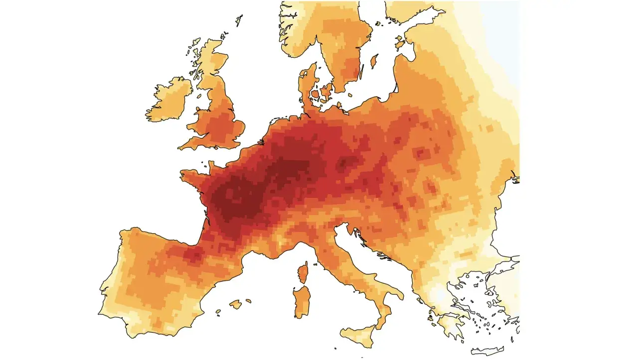 Karta &ouml;ver Europa som visar temperaturvariationer. M&ouml;rkr&ouml;tt indikerar varmast, ljusgult svalast. Frankrike och delar av Tyskland &auml;r varmaste landet.