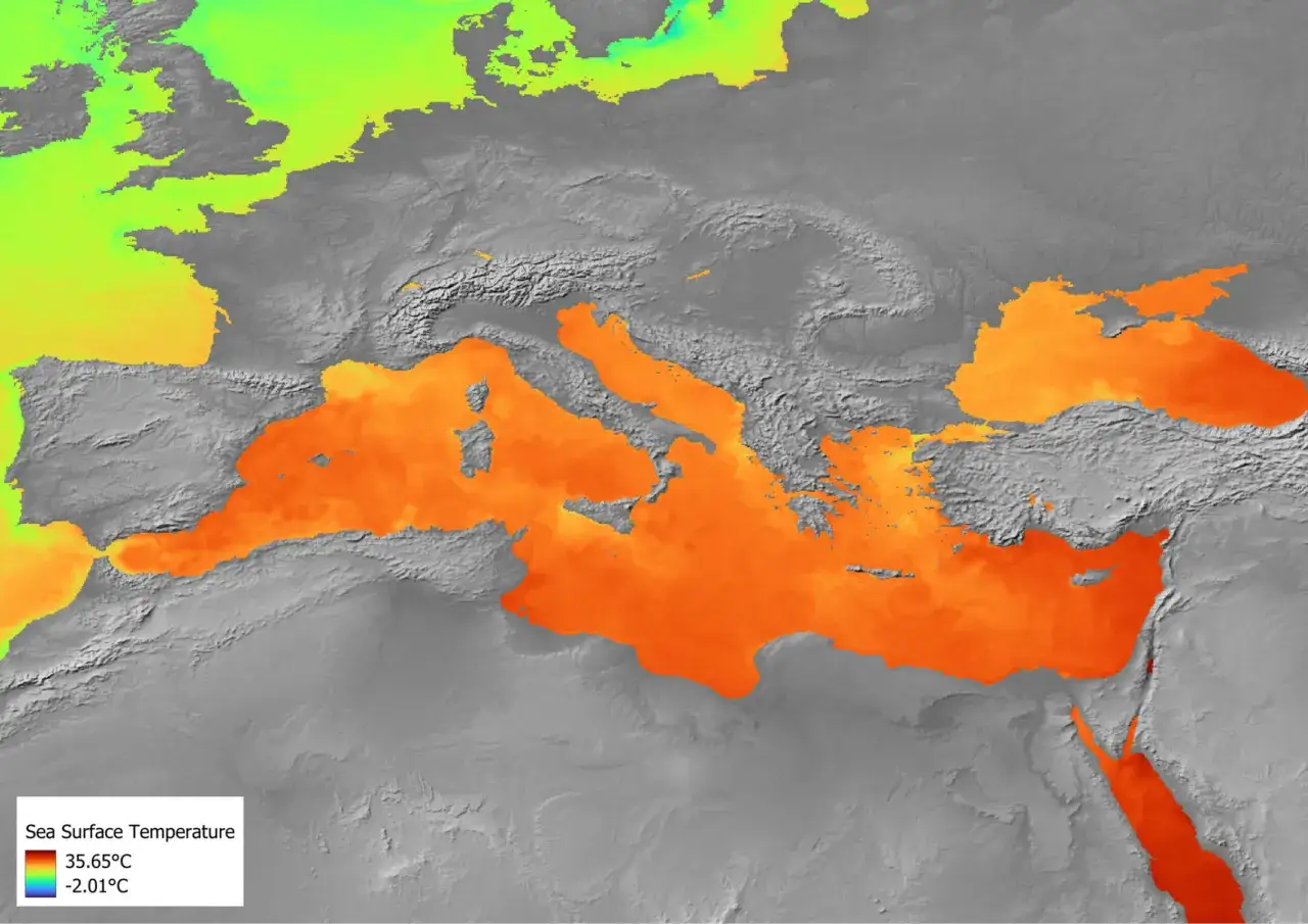 Karta som visar havets yttemperatur. Medelhavet &auml;r orange, vilket indikerar h&ouml;g temperatur.