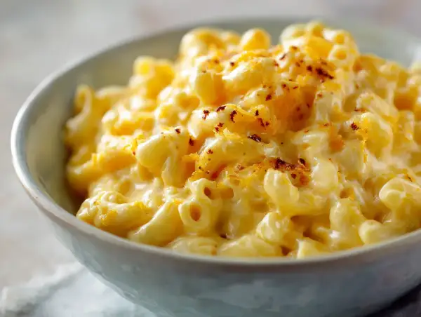 En skål med krämig mac and cheese, toppad med riven ost och lite kryddor. Perfekt comfort food!